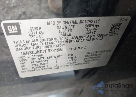 2015 Chevrolet Suburban 1500 Lt from USA, damaged, VIN 1GNSCJKC7FR231986